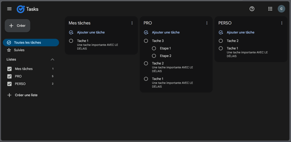 Présentation de l'écran google task