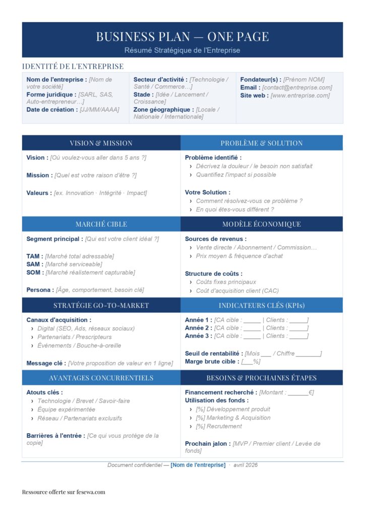 Business plan one page gratuit