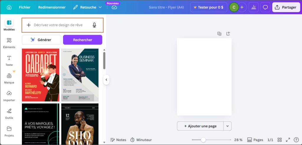 Interface de création Canva